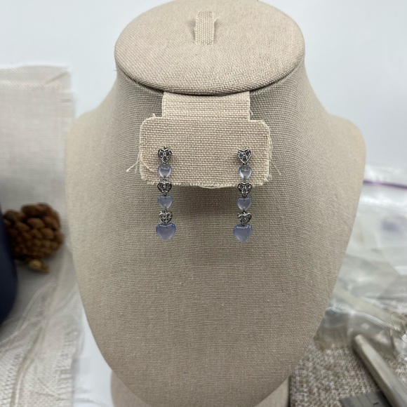 Vintage 10K White Gold Blue Chalcedony and White Topaz Heart Drop Earrings 1999 - Picture 3 of 13
